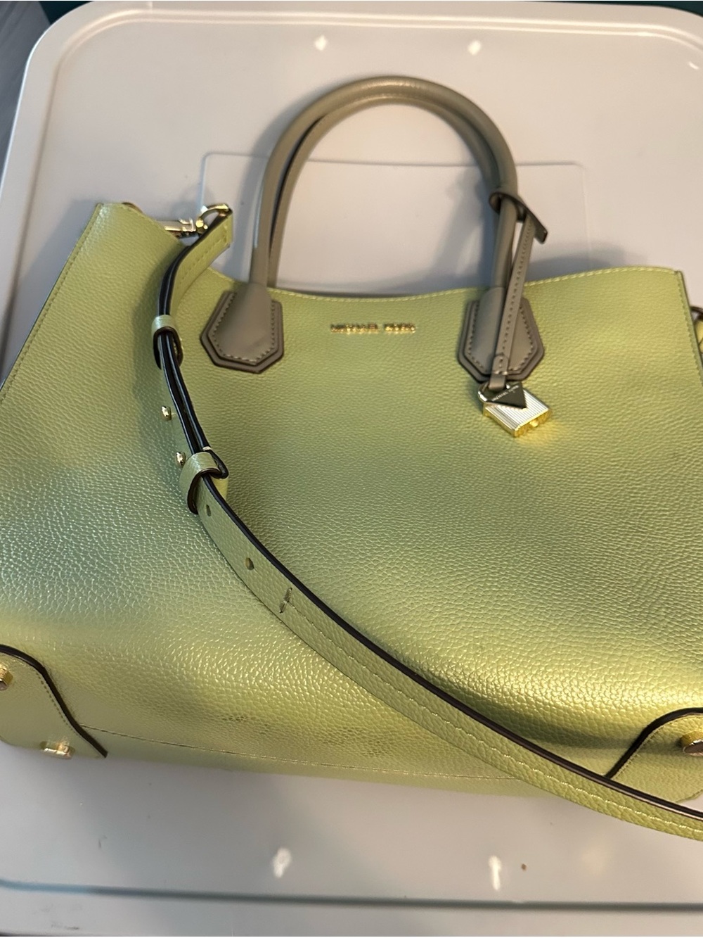 Michael Kors Lime Green and Taupe Leather Satchel - Picture 2 of 5